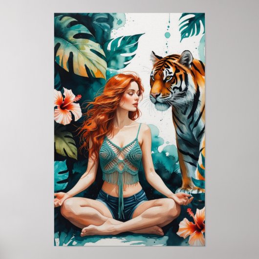 Poster Woman Meditating with Bengal Tiger (Devant)