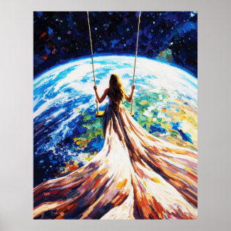 Poster Woman on Swing Over Earth Impasto Oil Painting