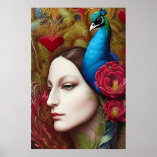 Poster Woman, Peacock, Red flowers and heart