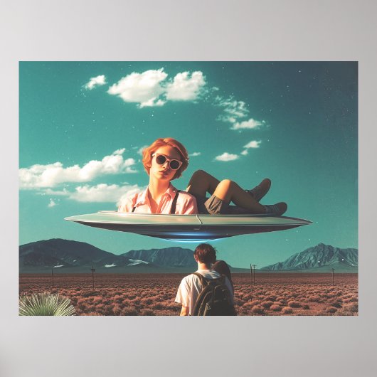 Poster Woman Relaxing on UFO in Desert (Devant)