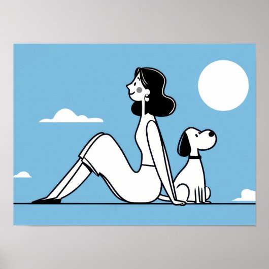 Poster Woman sits with dog under moon (Devant)