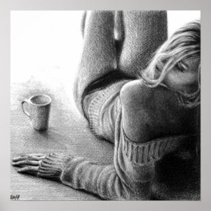 Poster Woman with morning coffee Pencil drawing art