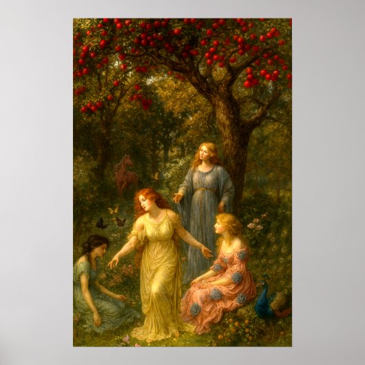 Poster Women, Butterflies & Peacock In Garden (Devant)