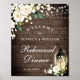 Poster Wood & White Roses  Floral Rehearsal Dinner Sign
