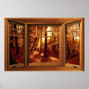 Poster Wooden Bay Window Illusion - Autumn View