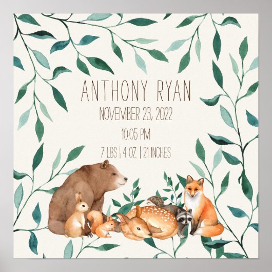 Poster Woodland Animal Friends Statistiques de naissance (Devant)