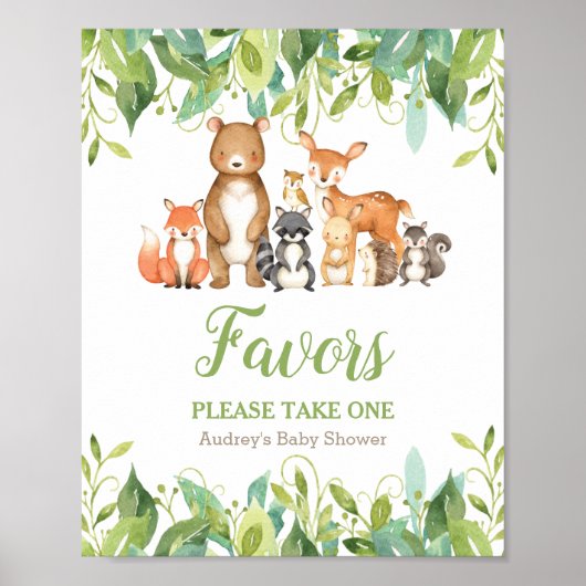 Poster Woodland Animals Greenery Baby Shower Favors Sign (Devant)