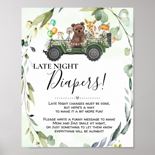 Poster Woodland Animals Late Night Diapers Baby Shower (Devant)