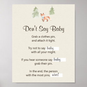 Poster Woodland Fox Boy Baby shower Ne pas dire Baby Game