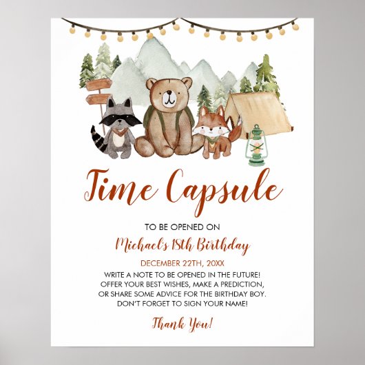 Poster Woodland One Happy Camper Birthday Time Capsule (Devant)
