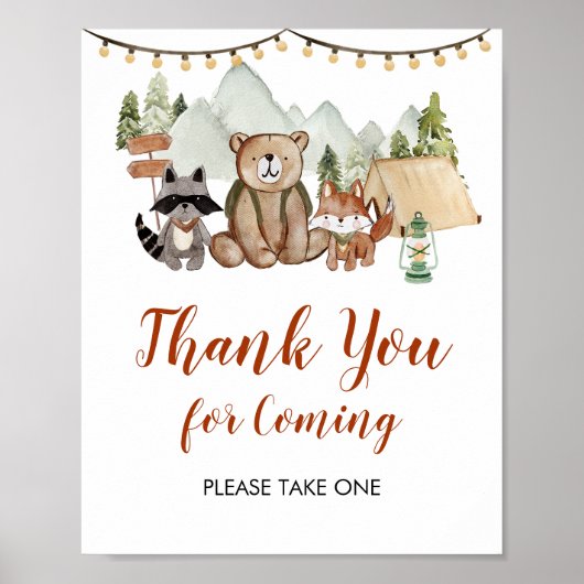 Poster Woodland One Happy Camper First Birthday Merci (Devant)