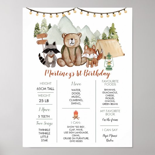 Poster Woodland One Happy Camper First Birthday Milestone (Devant)