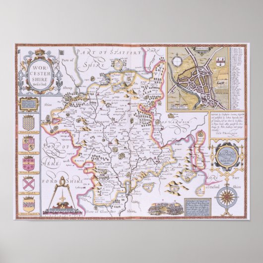 Poster Worchestershire, gravé par Jodocus Hondius (Devant)