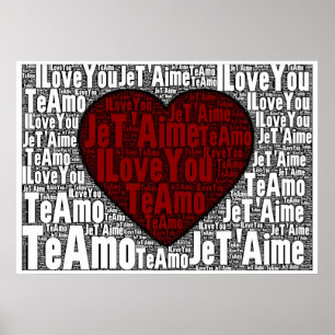 Poster Word Art : "Je t'aime" 3 langues - Coeur rouge