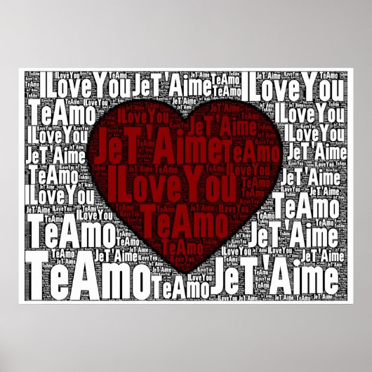 Poster Word Art : "Je t'aime" 3 langues - Coeur rouge (Devant)