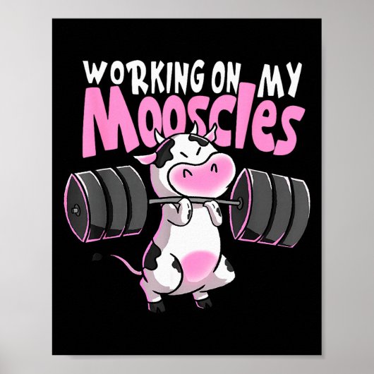 Poster Working On My Mooscles Funny Gym Cow Weightlifting (Devant)