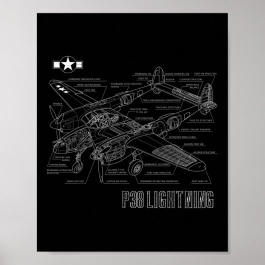 Poster World War 2 P-38 Lightning Fighter Avion Bluepr (Devant)