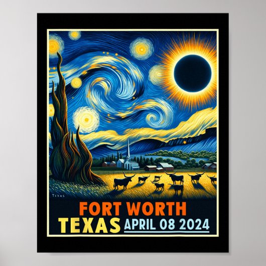 Poster Worth Texas Total Solar Eclipse 2024 Starry Night (Devant)
