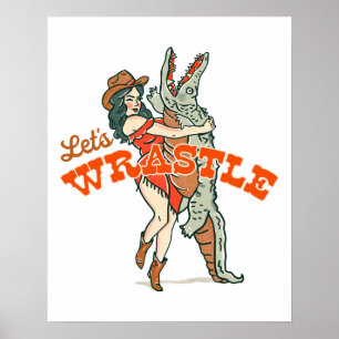 Poster Wrastle : Retro Western Cowgirl & Alligator