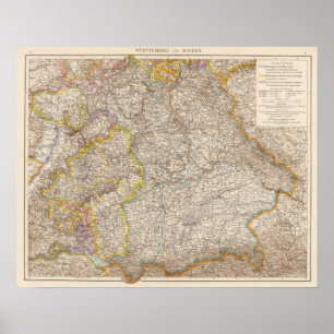 Poster Wurttemberg, Bayern Atlas Carte de l'Allemagne