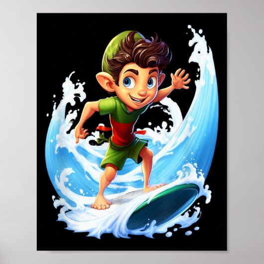 Poster X-mas Christmas Elf Riding Surfboard Surfboard  (Devant)