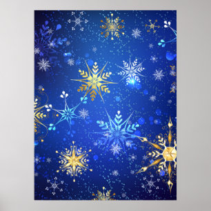 Poster XMAS Blue Background with Golden Snowflakes