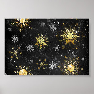 Poster Xmas Golden Snowflakes on Black Background