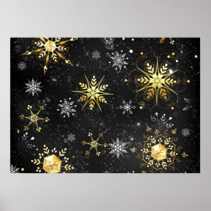 Poster Xmas Golden Snowflakes on Black Background