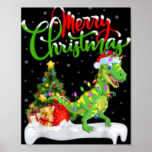 Poster Xmas Tree Lights Santa Hat T Rex Dinosaur Christma (Devant)
