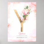 Poster Y Letter Monogram Gold Leaves Pink Magnolia Floral<br><div class="desc">Blush pink magnolia flowers letter elegant poster</div>