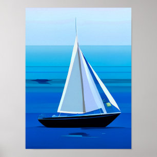 Poster Yacht Sous Voile, Bleu Cobalt