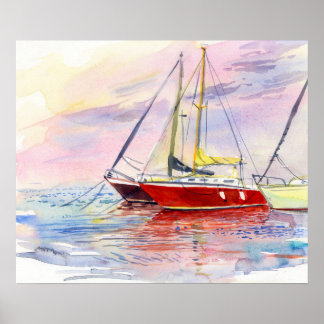 Poster Yachts rouges au quai - Aquarelle Paysage marin