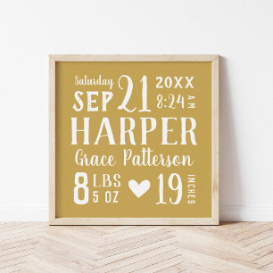Poster Yellow Baby Girl Birth Stats Keepsaké