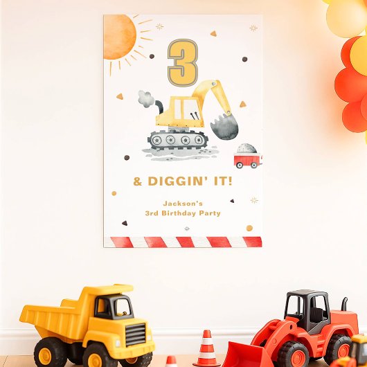 Poster Yellow Construction Digger Brithday Party Welcome