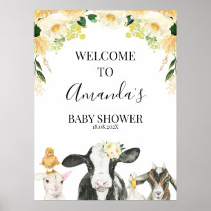 Poster Yellow Floral Farm Animal Baby Shower Welcome Sign