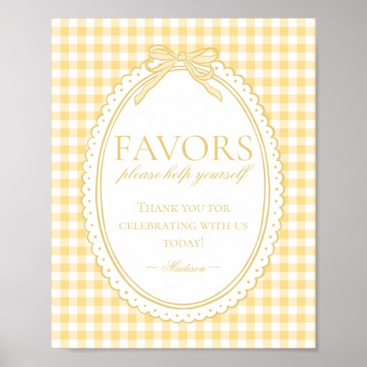Poster Yellow Gingham Coquette Bow Favors Sign (Devant)