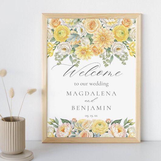 Poster Yellow Peach Flowers Sage Greenery Wedding Welcome
