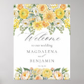 Poster Yellow Peach Flowers Sage Greenery Wedding Welcome (Devant)