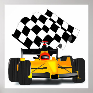 Poster Yellow Race Car with Checkered Flag