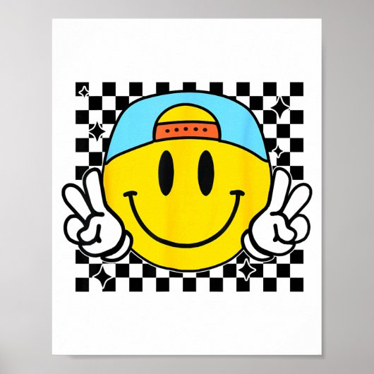 Poster Yellow Smile Face Cute Checkered Peace Smiling Hap (Devant)