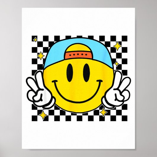 Poster Yellow Smile Face Cute Checkered Peace Smiling Hap (Devant)