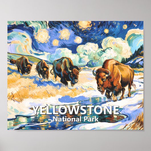 Poster Yellowstone Bison Colorful Retro Starry Night Art (Devant)