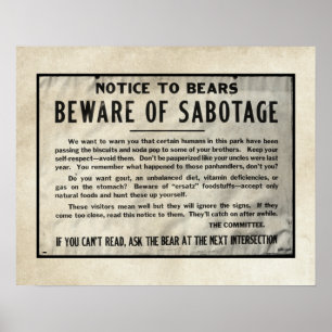 Poster Yellowstone Park Notice Ours humoristique 1959