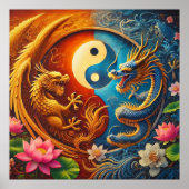 Poster Yin Yang avec Dragon et Phoenix au milieu d'une fl (Devant)