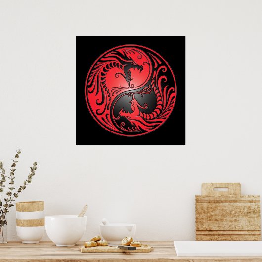 Poster Yin Yang Dragons, red and black (Cuisine)