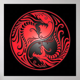 Poster Yin Yang Dragons, red and black