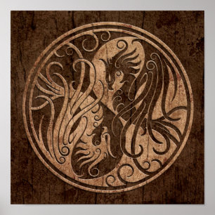 Poster Yin Yang Phoenix avec effet Wood Grain