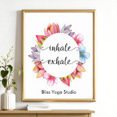 Poster Yoga Inhale Exhale Citation Rose Blanc Floral