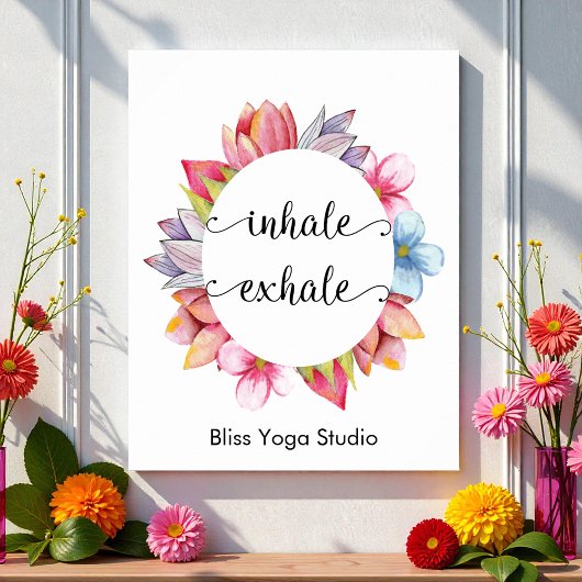 Poster Yoga Inhale Exhale Citation Rose Blanc Floral