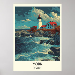 Poster York Maine Phare Vintage Vagues Côtières Art